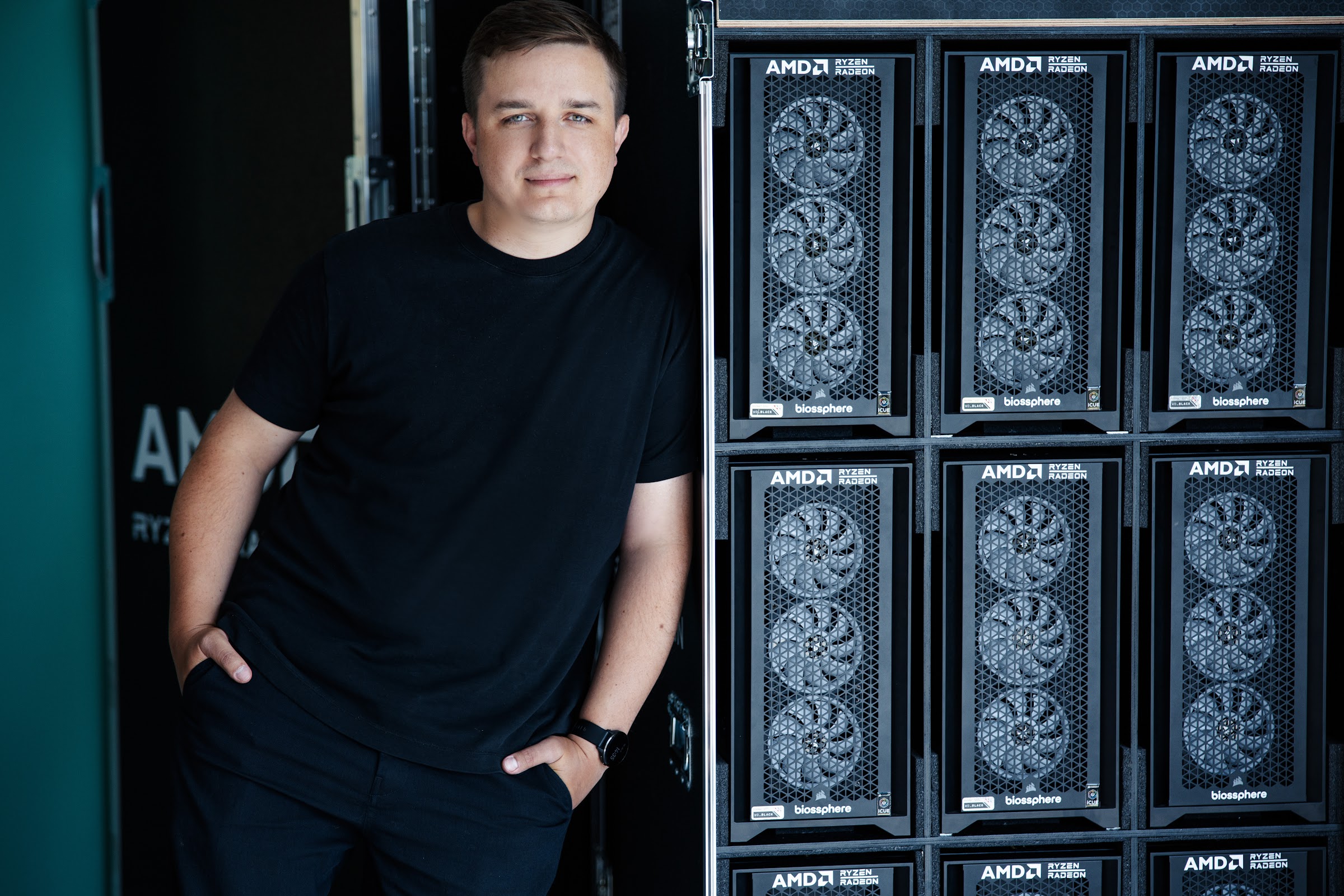 Inside the Event Hardware Lab - an open transport crate loaded with AMD-spec event PCs, ready to ship from the Warsaw hub.